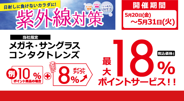 メガネ・サングラス・コンタクトレンズが最大18%ポイントサービス!