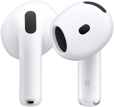 左にAirPodの背面、右にAirPodの前面が見える。右のAirPodの軸部分には右耳側であることを示すRの文字がある