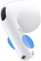 AirPods 5のイヤーバッドの外観。軸部分をタッチして音量を調節できる場所をブルーの円でハイライトしている