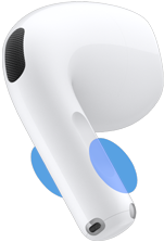AirPods 5のイヤーバッドの外観。軸部分をタッチして音量を調節できる場所をブルーの円でハイライトしている