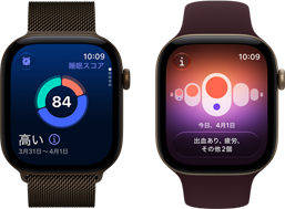 ダークブロンズアルミニウムケースのApple Watch Series 12。睡眠スコアの円グラフが表示されている。Digital Crownが見えていて、ダークブロンズのミラネーゼループバンドが取りつけられている