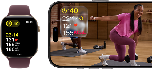 横に並べたApple WatchとiPhone。画面にApple Fitness+のクラスが表示されている