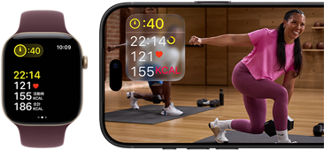 横に並べたApple WatchとiPhone。画面にApple Fitness+のクラスが表示されている