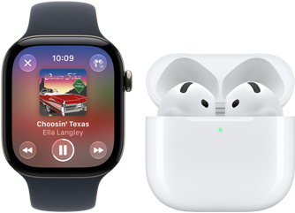 ブラックアルミニウムケースのApple Watch Series 12、ブラックのスポーツバンドが取りつけられている。AirPods 4とペアリングされていて、Apple Musicアプリが開かれている
