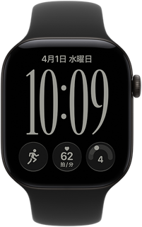 ブラックアルミニウムケースのApple Watch Series 12。レスポンシブアートの文字盤が表示されていて、ブラックのスポーツバンドが取りつけられている