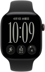 ブラックアルミニウムケースのApple Watch Series 12。レスポンシブアートの文字盤が表示されていて、ブラックのスポーツバンドが取りつけられている
