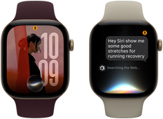 3つのApple Watch Series 12デバイス。ライトゴールドアルミニウムケースのApple Watch Series 12にはSiriとAIの会話が表示され、サンドスポーツバンドが取りつけられている。ライトゴールドアルミニウムケースのApple Watch Series 12には、Siri AIのコンプリケーションとともにカスタマイズされた写真が文字盤に表示され、バーガンディスポーツバンドが取りつけられている。スペースグレイアルミニウムケースのApple Watch Series 12 には、Siri Recapが表示され、ブラックスポーツバンドが取りつけられている
