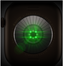 ダークブロンズアルミニウムケースのApple Watch Series 12の背面。複数の丸いセンサーが見えていて、緑色のLEDライトが光っている。外観の左側面にはDigital Crown。オリーブのスポーツバンド