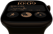 ダークブロンズのアルミニウムケースのApple Watch Series 12。モジュラーの文字盤に、曜日と日付、ワークアウト、アクティビティリング、Apple Musicのコンプリケーションが表示されている。外観の右側面にはDigital Crown。オリーブのスポーツバンド