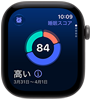 スペースグレイアルミニウムケースのApple Watch Series 12。睡眠スコアの円グラフが表示されている。外観の右側面にDigital Crownが見えている