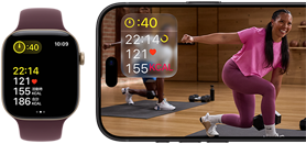 横に並べたApple WatchとiPhone。画面にApple Fitness+のクラスが表示されている