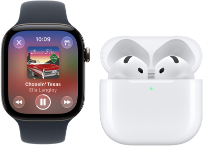 ブラックアルミニウムケースのApple Watch Series 12、ブラックのスポーツバンドが取りつけられている。AirPods 4とペアリングされていて、Apple Musicアプリが開かれている