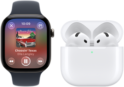 ブラックアルミニウムケースのApple Watch Series 12、ブラックのスポーツバンドが取りつけられている。AirPods 4とペアリングされていて、Apple Musicアプリが開かれている