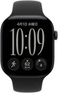 ブラックアルミニウムケースのApple Watch Series 12。レスポンシブアートの文字盤が表示されていて、ブラックのスポーツバンドが取りつけられている
