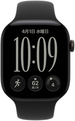 ブラックアルミニウムケースのApple Watch Series 12。レスポンシブアートの文字盤が表示されていて、ブラックのスポーツバンドが取りつけられている