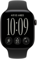 ブラックアルミニウムケースのApple Watch Series 12。レスポンシブアートの文字盤が表示されていて、ブラックのスポーツバンドが取りつけられている