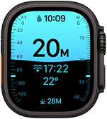 	ブラックチタニウムケースのApple Watch Ultra 4。水深アプリにダイビングの測定値が表示されている。右側面の外観にDigital Crownと少し突き出たサイドボタンが見えている