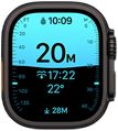 	ブラックチタニウムケースのApple Watch Ultra 4。水深アプリにダイビングの測定値が表示されている。右側面の外観にDigital Crownと少し突き出たサイドボタンが見えている