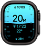 	ブラックチタニウムケースのApple Watch Ultra 4。水深アプリにダイビングの測定値が表示されている。右側面の外観にDigital Crownと少し突き出たサイドボタンが見えている