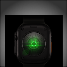 ブラックチタニウムケースのApple Watch Ultra 4の背面。複数の丸いセンサーが見えていて、緑色のLEDライトが光っている