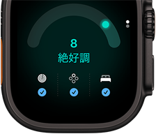 ブラックチタニウムケースのApple Watch Ultra 4。準備度スコアが8と表示されている。右側面の外観、Digital Crown、少し突き出たサイドボタン