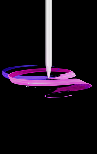 Apple Pencil Proの前面の外観、縦向き、側面のデザイン、カラーはホワイト、紫とピンクの抽象的なリボンを描いている