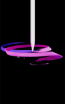 Apple Pencil Proの前面の外観、縦向き、側面のデザイン、カラーはホワイト、紫とピンクの抽象的なリボンを描いている