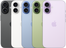iPhone 17の背面の外観。Dual Fusionカメラシステムが見えている。ブラック、ホワイト、セージ、ミストブルー、ラベンダーの5つのカラーが重なって並んでいる
