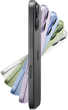 iPhone 17の側面の外観。ブラック、ラベンダー、ミストブルー、セージ、ホワイトの5つのカラーが重なって並んでいる