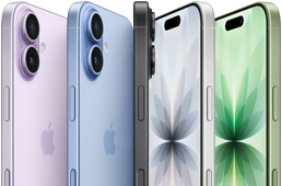 iPhone 17の前面、背面、側面の外観。ラベンダー、ミストブルー、ブラック、ホワイト、セージの5つのカラーがそろっている