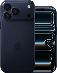 並んで置かれたiPhone 17 Pro Max、背面の外観、Proのカメラシステム、3つのレンズ、マイク、フラッシュ、ディープブルーの仕上げ。iPhone 17 Pro、前面の外観、オールスクリーンのデザイン、ディープブルーの仕上げ