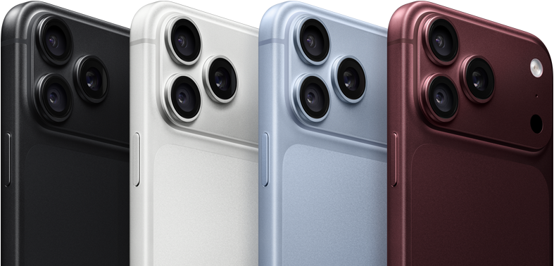 横一列に並んだiPhone 18 Proデバイスの背面の外観。4つのカラーすべて:バーガンディ、グレイシャー、シルバー、ブラック。左上隅にPro Fusionカメラシステムがあり、3つのレンズ、マイク、フラッシュが見えている