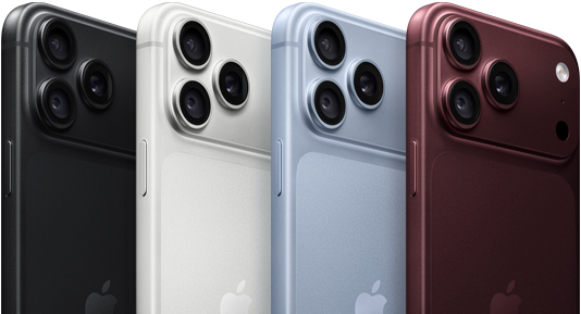 横一列に並んだiPhone 18 Proデバイスの背面の外観。4つのカラーすべて:バーガンディ、グレイシャー、シルバー、ブラック。左上隅にPro Fusionカメラシステムがあり、3つのレンズ、マイク、フラッシュが見えている