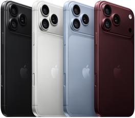 横一列に並んだiPhone 18 Proデバイスの背面の外観。4つのカラーすべて:バーガンディ、グレイシャー、シルバー、ブラック。左上隅にPro Fusionカメラシステムがあり、3つのレンズ、マイク、フラッシュが見えている