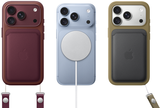 バーガンディのiPhone 18 Pro、背面の外観。バーガンディのMagSafe対応ファインウーブンウォレットが装着されている。グレイシャーのiPhone 18 Pro、背面の外観。MagSafeバッテリーが装着されている。シルバーのiPhone 18 Pro、背面の外観。グリーンのシリコーンケースとMagSafe充電器が装着されている