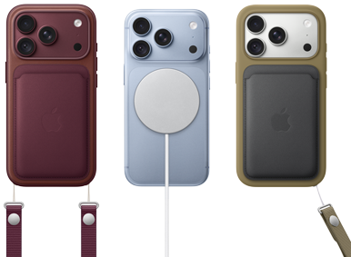 バーガンディのiPhone 18 Pro、背面の外観。バーガンディのMagSafe対応ファインウーブンウォレットが装着されている。グレイシャーのiPhone 18 Pro、背面の外観。MagSafeバッテリーが装着されている。シルバーのiPhone 18 Pro、背面の外観。グリーンのシリコーンケースとMagSafe充電器が装着されている