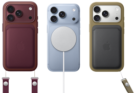 バーガンディのiPhone 18 Pro、背面の外観。バーガンディのMagSafe対応ファインウーブンウォレットが装着されている。グレイシャーのiPhone 18 Pro、背面の外観。MagSafeバッテリーが装着されている。シルバーのiPhone 18 Pro、背面の外観。グリーンのシリコーンケースとMagSafe充電器が装着されている