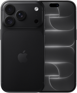 ブラックのiPhone 18 Pro、背面の外観。上部にPro Fusionカメラシステム、中央にAppleのロゴ。前面の外観、オールスクリーンのデザイン