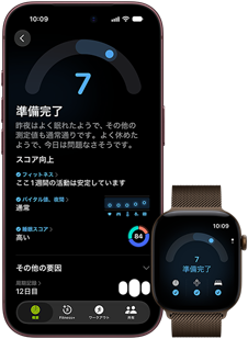 ブラックのiPhone 18 Pro、前面の外観。準備度の結果の7というスコアが表示されている。正面を向いたApple Watchとペアリングされており、画面には同じ準備度のスコアの7が表示されている