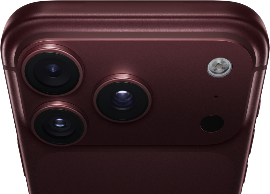 バーガンディ(ダークレッド)のiPhone 18 Pro Max。背面の外観:上部にPro Fusionカメラシステムがあり、3つのレンズ、一部が閉じた可変絞り用ブレード、フラッシュ、マイク、LiDARスキャナが見えている。上部の外観:モバイル通信アンテナ、フラットな側面、丸みを帯びたエッジ