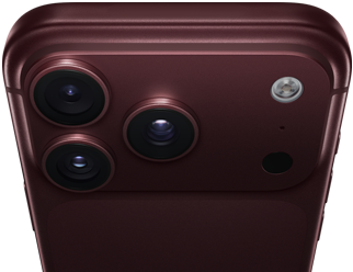 バーガンディ(ダークレッド)のiPhone 18 Pro Max。背面の外観:上部にPro Fusionカメラシステムがあり、3つのレンズ、一部が閉じた可変絞り用ブレード、フラッシュ、マイク、LiDARスキャナが見えている。上部の外観:モバイル通信アンテナ、フラットな側面、丸みを帯びたエッジ