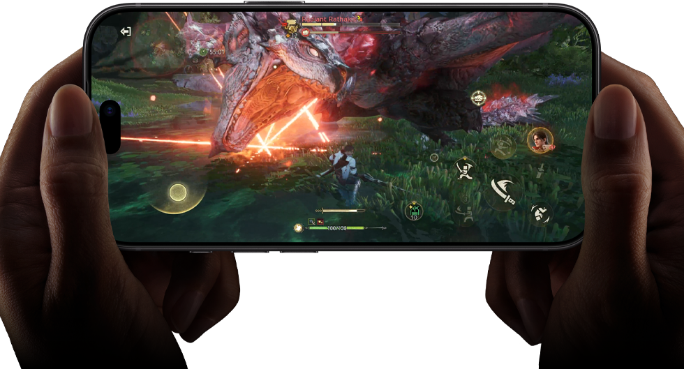 iPhone 18 Proの前面の外観。「モンスターハンターアウトランダーズ」のシーンを使って、A20 Proチップのパフォーマンス性能を示している