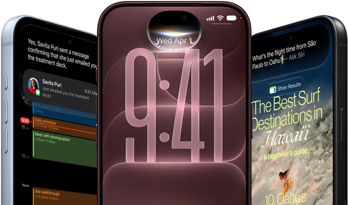 グレイシャー、バーガンディ、ブラックの3台のiPhone 18 Proデバイスの前面の外観。画面には、ロック画面に組み込まれたSiri AI、メッセージの要約、「Siriに頼む」機能が表示されている