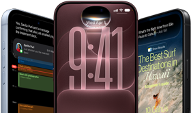 グレイシャー、バーガンディ、ブラックの3台のiPhone 18 Proデバイスの前面の外観。画面には、ロック画面に組み込まれたSiri AI、メッセージの要約、「Siriに頼む」機能が表示されている