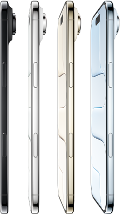 iPhone Air、側面の外観。スカイブルー、ライトゴールド、クラウドホワイト、スペースブラックの4つの仕上げすべて。非常に薄いデザイン、Fusionカメラシステム、サイドボタン、カメラコントロールボタン