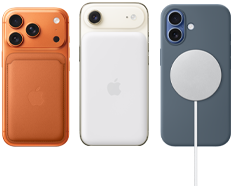 iPhone 17 Proの背面の外観、カラーはコズミックオレンジ。シエナのシリコーンケースとフォックスオレンジのMagSafe対応ファインウーブンウォレットが装着されている。iPhone Airの背面の外観、カラーはクラウドホワイト。MagSafeバッテリーが装着されている。iPhone 17の背面の外観、カラーはミストブルー。アンカーブルーのシリコーンケースとMagSafe充電器が装着されている