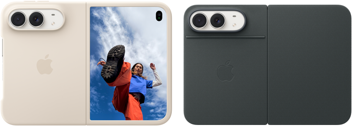 スターホワイトのiPhone Duo、サンドのシリコーンケースが装着されている。横向きで完全に開いた状態。左上にDual Fusionカメラが見える。ケースが背面の外観とアウターディスプレイを覆っている。右側にはアウターディスプレイがあり、人物のポートレートが表示されている。スターホワイトのiPhone Duo、ブラックのFolioが装着されている。背面の外観に48MP Dual Fusionバックカメラと2つのレンズが見えている