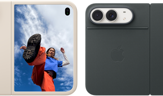スターホワイトのiPhone Duo、サンドのシリコーンケースが装着されている。横向きで完全に開いた状態。左上にDual Fusionカメラが見える。ケースが背面の外観とアウターディスプレイを覆っている。右側にはアウターディスプレイがあり、人物のポートレートが表示されている。スターホワイトのiPhone Duo、ブラックのFolioが装着されている。背面の外観に48MP Dual Fusionバックカメラと2つのレンズが見えている
