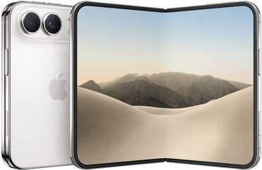 スターホワイトのiPhone Duo、閉じた状態の背面の外観、左上にDual Fusionカメラシステム、中央にAppleのロゴ。開いた状態のインナーディスプレイ、オールスクリーンのデザイン、丸みを帯びた四隅