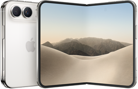 スターホワイトのiPhone Duo、閉じた状態の背面の外観、左上にDual Fusionカメラシステム、中央にAppleのロゴ。開いた状態のインナーディスプレイ、オールスクリーンのデザイン、丸みを帯びた四隅